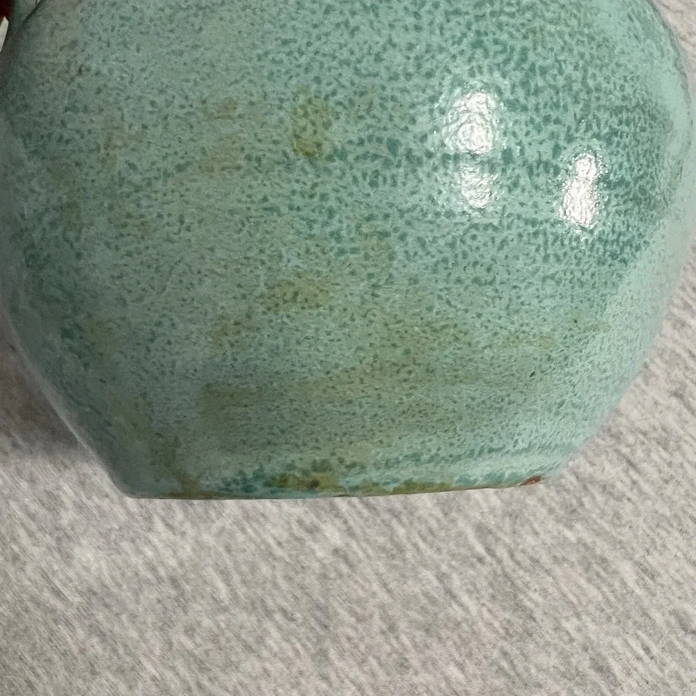 Vintage Turquoise Pottery Pansy Pot Vase Flower Frog Double‎ Handle Jug Handmade